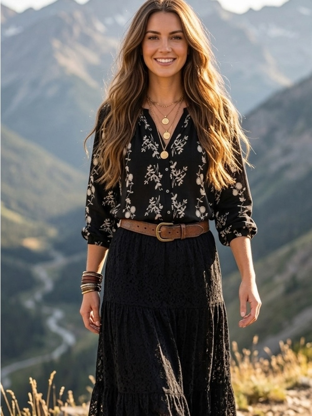 Black Floral Embroidered Button-Front Women's Blouse
